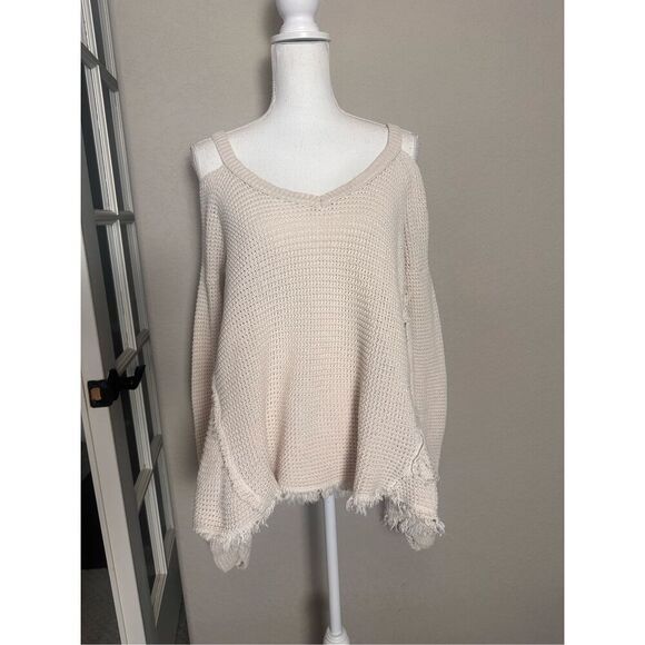 Free People Oversized Cold Shoulder Distressed Cream Knit Sweater Small - Picture 1 of 7